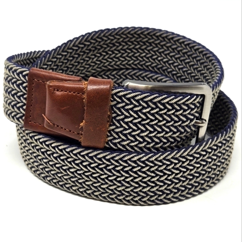 TOMMY BAHAMA BRAIDED WOVEN STRETCH BELT BLUE & KHAKI BROWN LEATHER END MEN L/XL